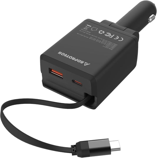 Retractable Car Charger, Total 75W Fast Charger 3 in 1 USB C Car Adapter, Retarctable Type C Cables (30 inch) and 2 USB Ports, Compatible with iPhone 16/15 Series, iPad, Galaxy, Pixel, Laptop and More