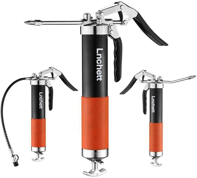 Lnchett Grease Gun with Quick Release Coupler and Towel, 9000 PSI Professional Heavy Duty 14 oz Grease Gun with 18 Inch Spring Flex Hose, 1 Reinforced Coupler, 2 Extension Rigid Pipe and1 Sharp Nozzle