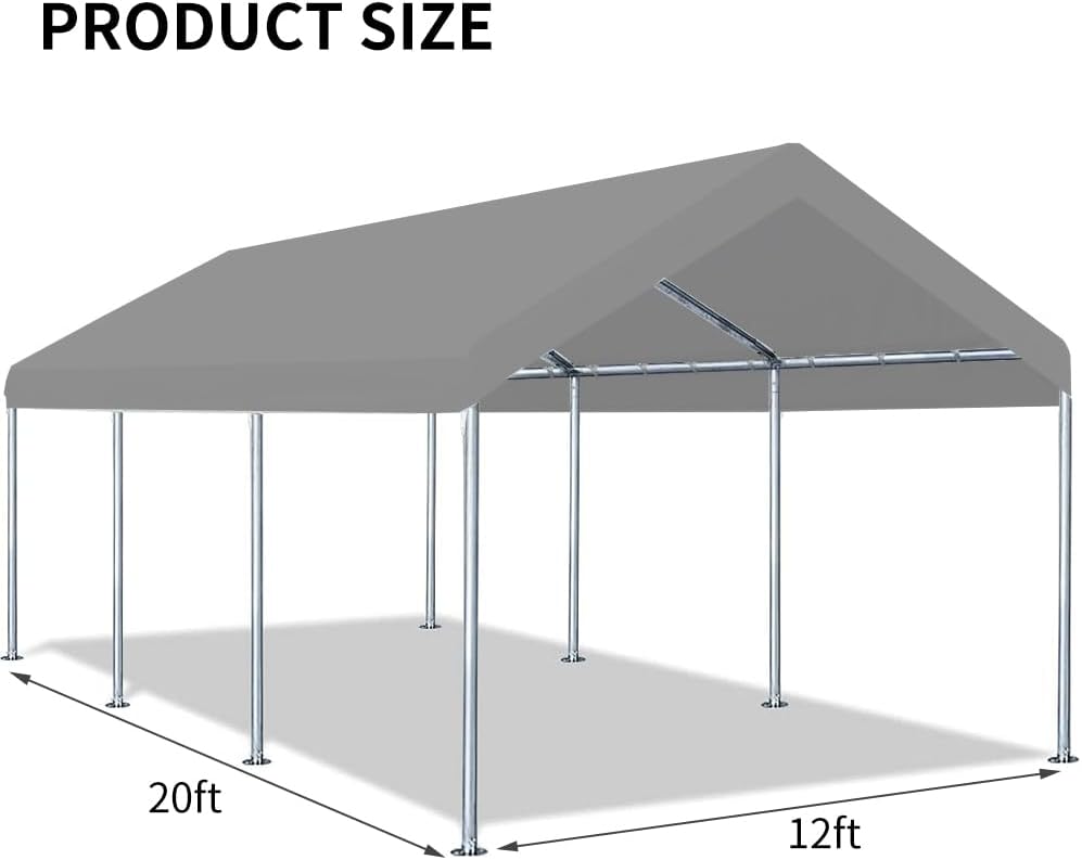 12'x20' Upgraded Carport Replacement Top Canopy Cover for Car Garage Shelter Tent Party Tent with Ball Bungees Grey (Only Top Cover, Frame is not Included)