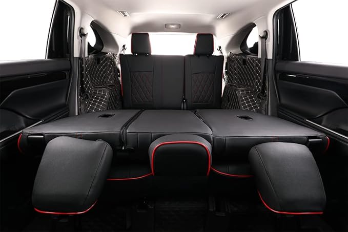 EKR Grand Highlander Seat Covers for Trucks Toyota Grand Highlander 2024 2025 2026,2nd Row 40/60 Split,Leather Car Seat Covers Full Set -Faux Leather(Black with Red Trim)