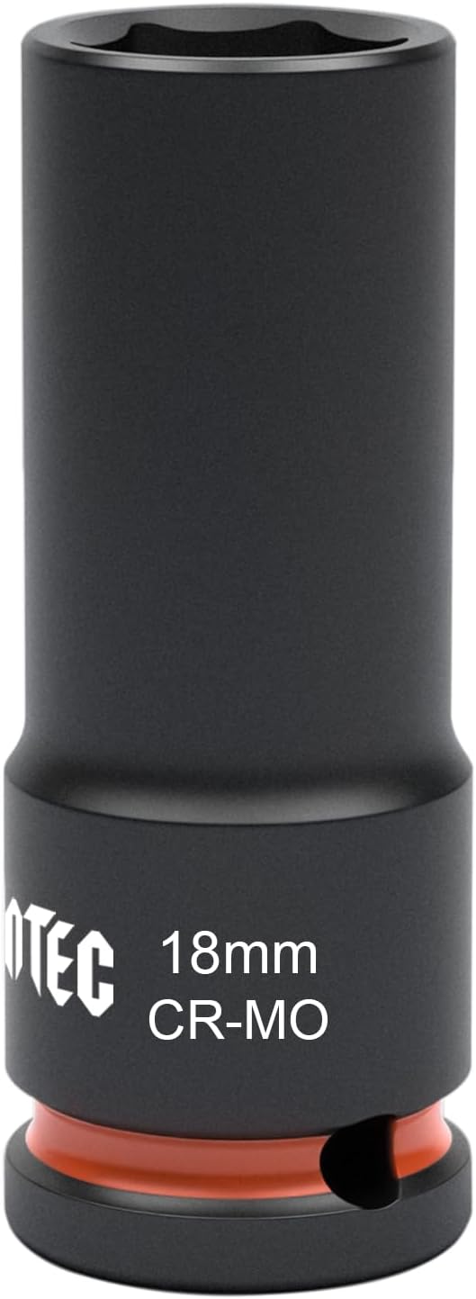 1/2 Inch Drive - 18mm Deep Impact Socket with Anti-Rounding 6 Point Design, Heat-Treated Cr-Mo Steel, Automotive, Truck Maintenance, Heavy Equipment Repair