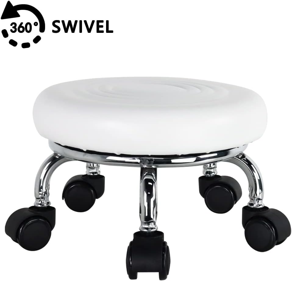 Modern PU Leather Low Round Rolling Stool - 360 Swivel with Universal Caster Wheels, Small Stool for Home Office, Garage, Shop, Fitness, Sport - H:8.4' White