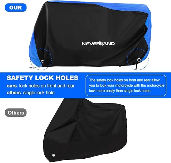 NEVERLAND Motorcycle Cover Waterproof Outdoor - Motorbike Scooter Covers Heavy Duty Medium with Lock-Holes, Bandage, Storage Bag Compatible with Harley Davidson Kawasaki Yamaha Honda Grom (Up to 86”)