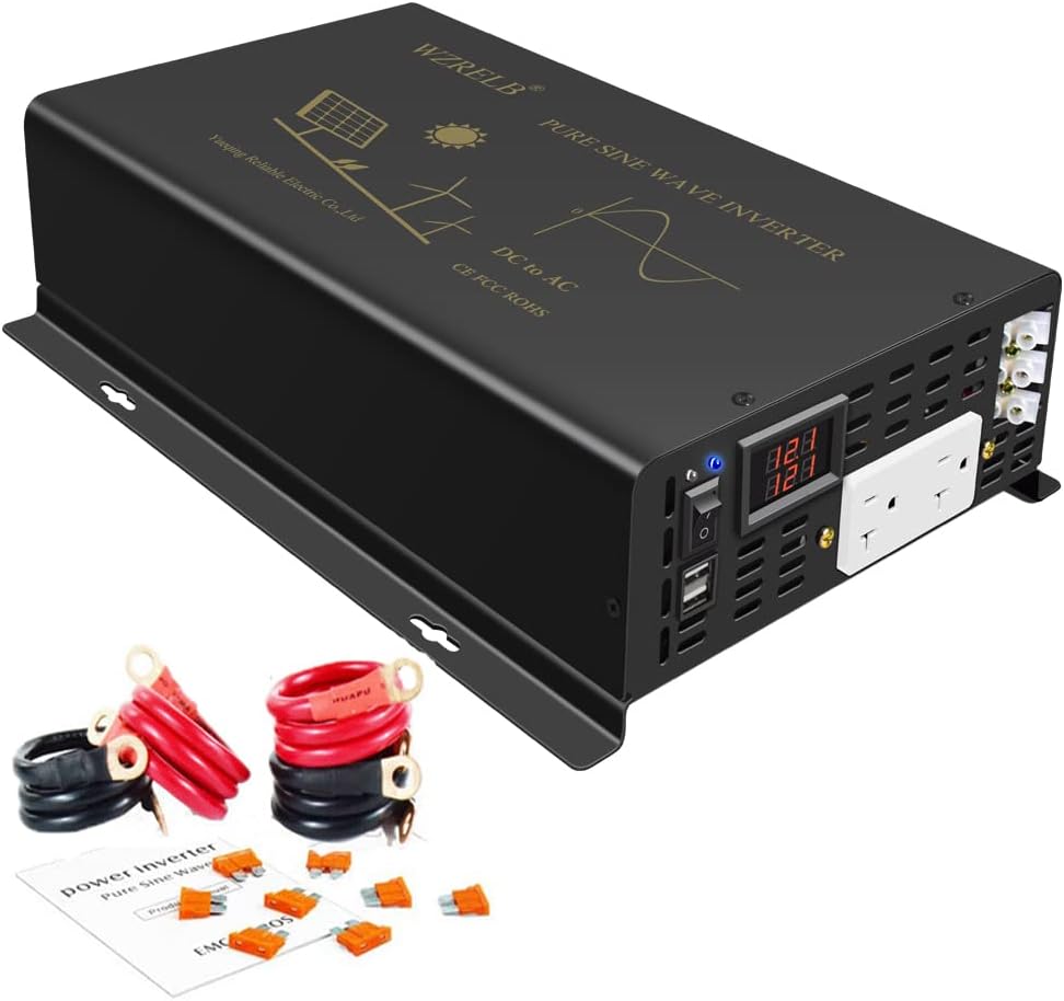 WZRELB 2500W Pure Sine Wave Power Inverter 12VDC to 120VAC 60HZ Dual AC Outlets 2× 2.4A USB Port&Hardwire Terminal Off-Grid Solar Converter RV Trucks Home