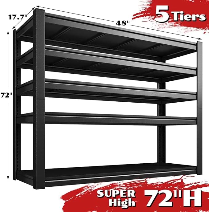 2600LBS Storage Shelves, 48" W Garage Shelving Heavy Duty, Adjustable Metal Shelving Unit, Storage Rack for Garage, Basement, Warehouse with Tool-Free Assembly, 48" W x 17.7" D x 72" H