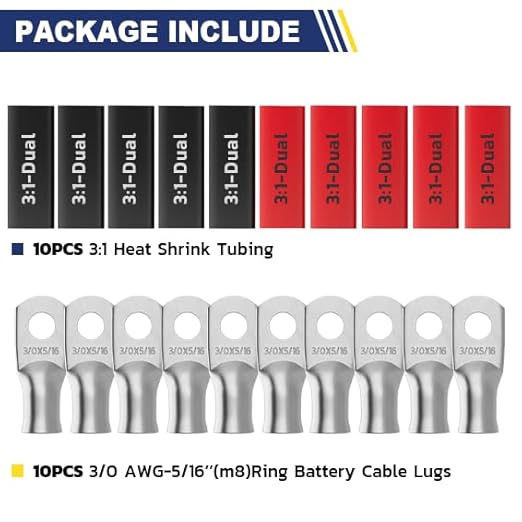 haisstronica 10pcs 3/0 AWG - 5/16"(M8) Tinned Copper Battery Lugs, Heavy Duty Wire Lugs with 10pcs 3:1 Adhesive Heat Shrink Tubing, 000 Gauge Wire Lugs, Tinned Copper Battery Cable Ends