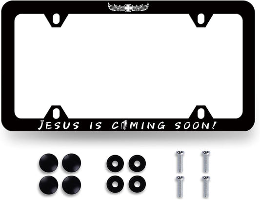 Jesus is Coming Soon License Plate Frame Christian Cross License Plate Holder Funny License Plate for Car Decoration Stainless Steel Religion Car Accessory with Screws Men Women 12.3" x 6.3"