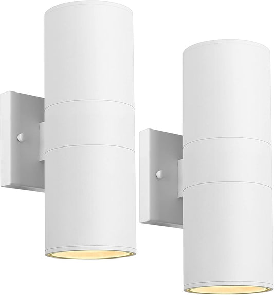 Ken & Ricky White Outdoor Wall Lights,Exterior Sconces Wall Lighting with Tempered Glass Cover,Cylinder Outside Light for House Porch Garage Front Door - 2 Pack