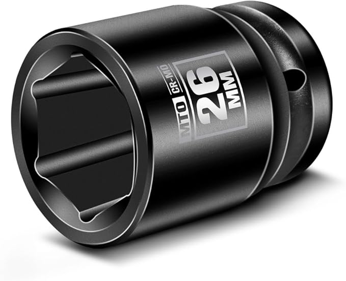 MTO 1/2" Drive 26mm Shallow Impact Socket, 6-Point Metric Socket, CR-MO Steel & Anti-Corrosion Coating for Tight Spaces and Heavy-Duty Tasks