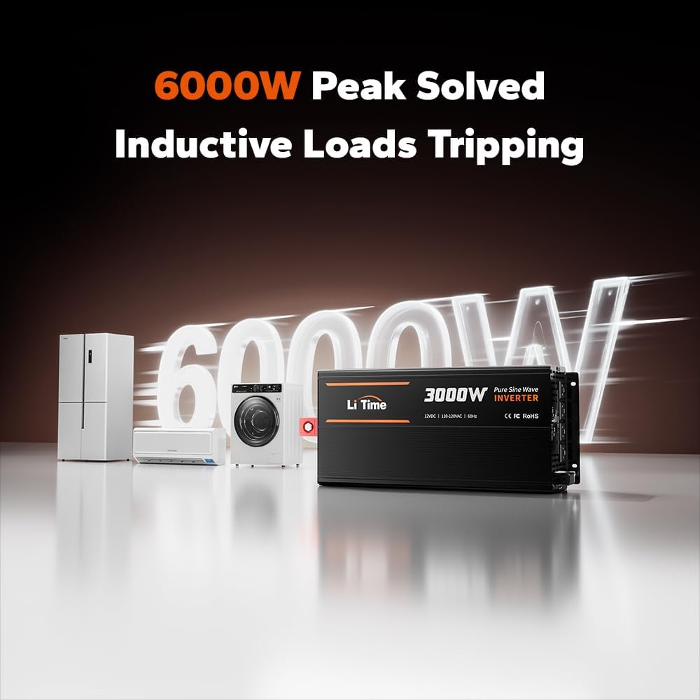 LiTime 3000W Pure Sine Wave Inverter 12V DC to 120V AC Converter with Remote Control, Surge 6000W, Built-in 4 AC Outlets, USB Port, Type-C Port for Home, RV, Camping, Off-Grid, Solar Power
