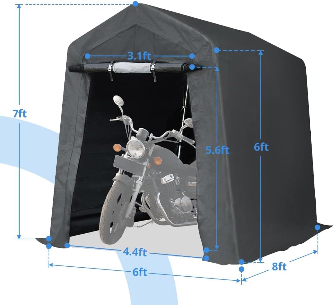 ADVANCE OUTDOOR 6x8 ft Outdoor Portable Storage Shelter Shed with 2 Roll up Zipper Doors & Vents Carport for Motorcycle Waterproof and UV Resistant Portable Garage Kit Tent, Gray