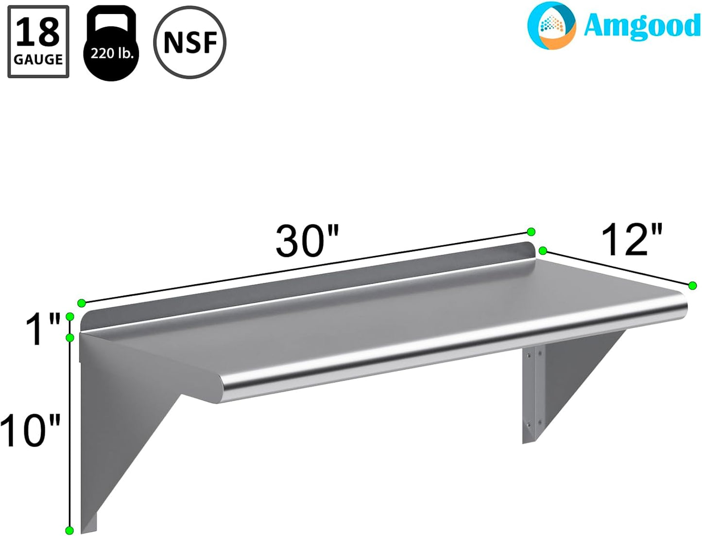 AmGood 12" X 30" Stainless Steel Wall Shelf | NSF Certified Metal Shelving