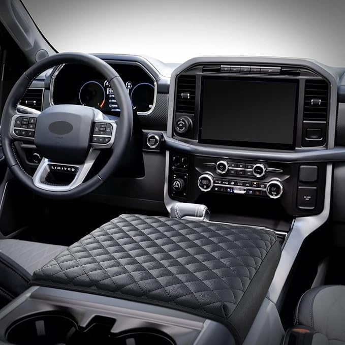 KMMOTORS F150(2021-2023) Center Console Cover with Work Surface, Thick Armrest Cushion, Interior Accessories Car Gadget, Vegan Leather, Armrest Protector (2021~2025, Work Surface Black), F150