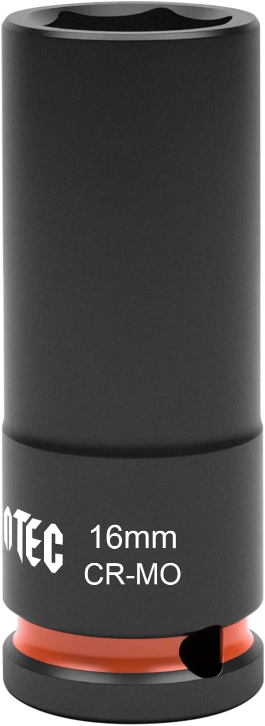 1/2 Inch Drive - 16mm Deep Impact Socket with Anti-Rounding 6 Point Design, Heat-Treated Cr-Mo Steel, Automotive, Truck Maintenance, Heavy Equipment Repair