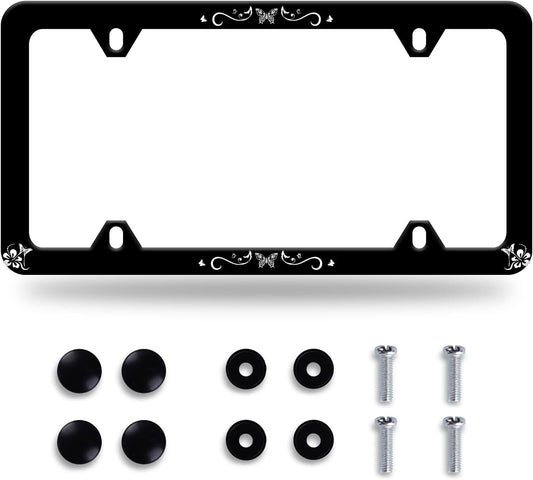 Butterfly Hibiscus License Plate Frame License Plate Stainless Steel Parts Colorful License Plate Funny Decorative with Screws Size 12.3" x 6.3" Men Women
