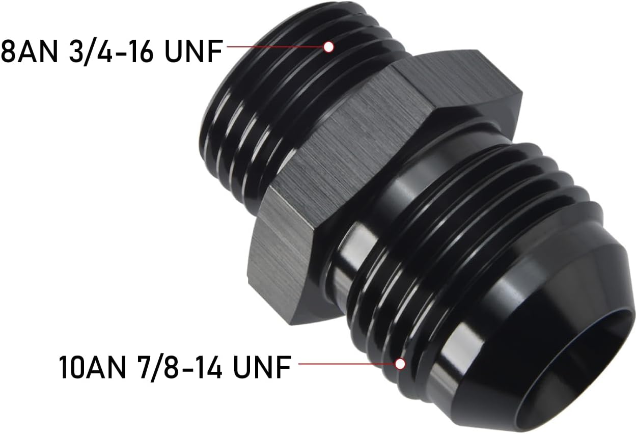 10AN Male Flare to 8AN ORB O-ring Boss Fuel Pump Rail Adapter Fitting Aluminum Black, Pack of 2