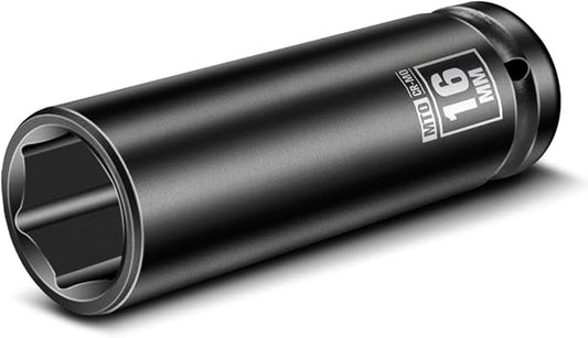 MTO 1/2" Drive 16mm Deep Impact Socket, 6 Pt. Metric Socket, CR-MO Steel & Anti-Corrosion Coating for Heavy-Duty Use