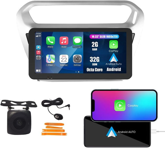 Kunfine Car CarPlay Android Auto Navigation Stereo GPS Radio Reverse Camera Display 10.33" QLED Touchscreen Headunit Tablet Pad Media Player For Peugeot 301 13-22 if Applicable Octa Core 2G+32G Silver