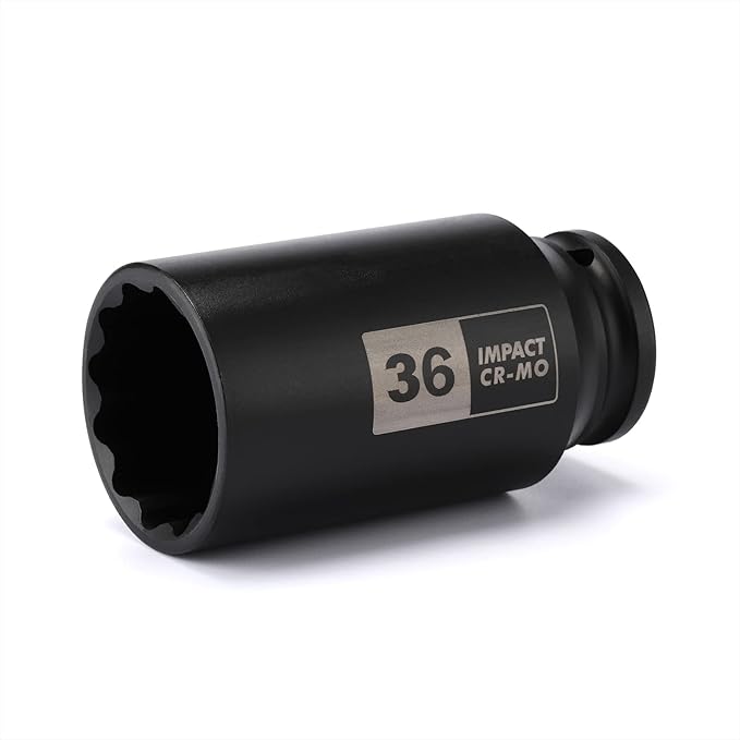 EMENTOL 1/2 Inch Drive Deep Spindle Axle Nut Impact Socket, CR-MO, 12 Point, Metric, Deep 12PT Impact Socket - 36mm