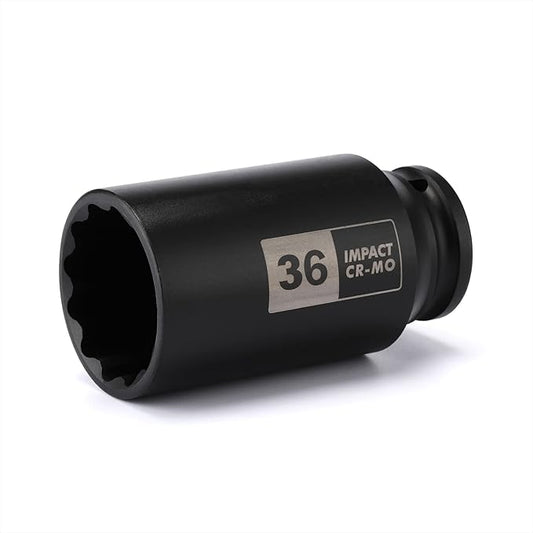 EMENTOL 1/2 Inch Drive Deep Spindle Axle Nut Impact Socket, CR-MO, 12 Point, Metric, Deep 12PT Impact Socket - 36mm