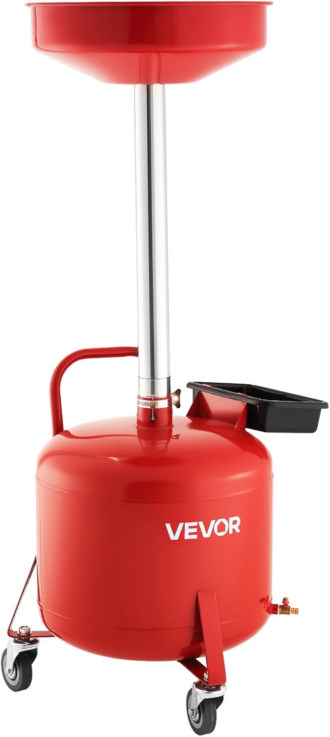 VEVOR 8 Gallon Waste Oil Drain Tank, Industrial Fluid Drain Tank with Adjustable Funnel Height, Portable Oil Drainer with Wheels & Toolbox, Fluid Fuel Transfer Drainage for Auto Repair Shops, Red