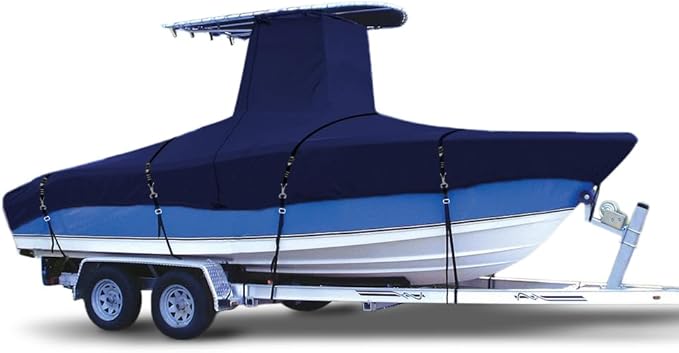 900D Marine Grade Fade and Tear Resistant Trailerable T-Top Boat Cover, Heavy-Duty Waterproof and UV-Proof T TOP Boat Storage Cover with Windproof Metal Buckle Straps Fit 18ft-20ft Long(Navy)