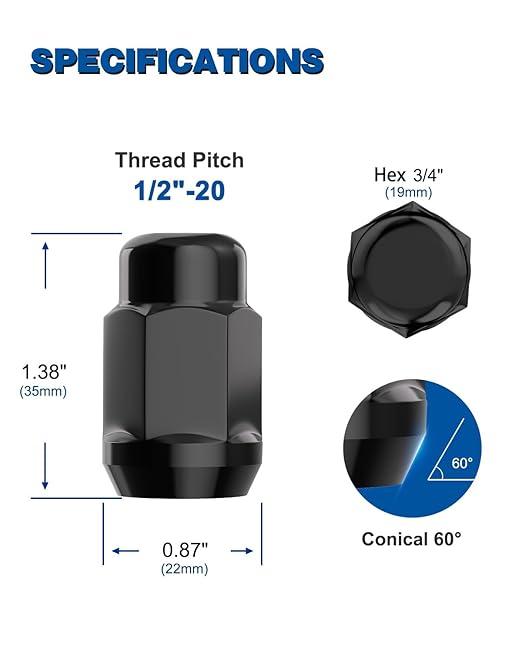 GAsupply 1/2 x 20 Black Lug Nuts, 1/2''-20 Closed End Bulge Acorn Lug Nut Set 1.38" 35mm Tall 3/4" 19mm Hex Conical Seat 60 Degree, 20pcs