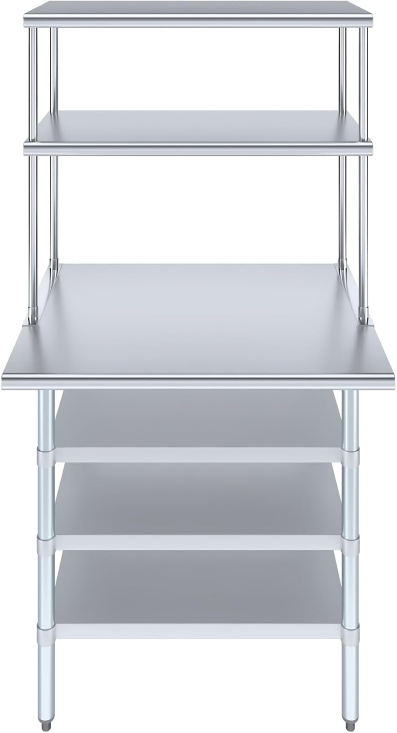 Amgood 30" x 36" Stainless Steel Work Table with 3 Shelves and 18" Wide Double Tier Overshelf | Metal Kitchen Prep Table & Shelving Combo | NSF