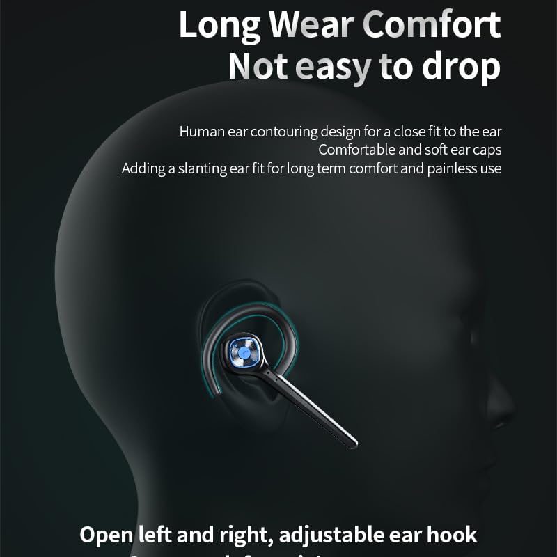 IHAO Wireless Bluetooth Earpiece Headphone Dual Noise Cancelling Mic Painless Open-Ear Handsfree Headset Stereo Sound Left/Right Changeable Earhook Earphones for Driving/Business/Gym