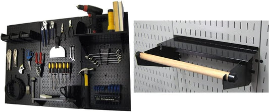 Wall Control Metal Pegboard Organizer - 4' Standard Tool Storage Kit, Black - Includes Pegboard Paper Towel Holder & Dowel Rod Shelf Assembly