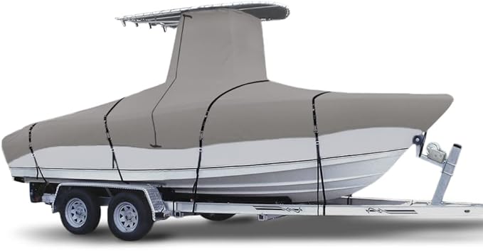 900D Marine Grade Fade and Tear Resistant Trailerable T-Top Boat Cover, Heavy-Duty Waterproof and UV-Proof T TOP Boat Storage Cover with Windproof Metal Buckle Straps Fit 18ft-20ft Long(Gray)