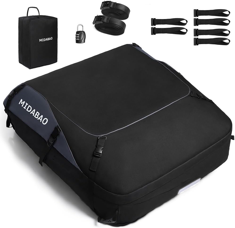 MIDABAO 20 Cubic Waterproof Duty Car Roof Top Carrier-Car Cargo Roof Bag Car Roof Top Carrier - Waterproof & Coated Zippers- includes Anti-Slip Mat- for Cars with or without Racks (20 Cubic Feet)
