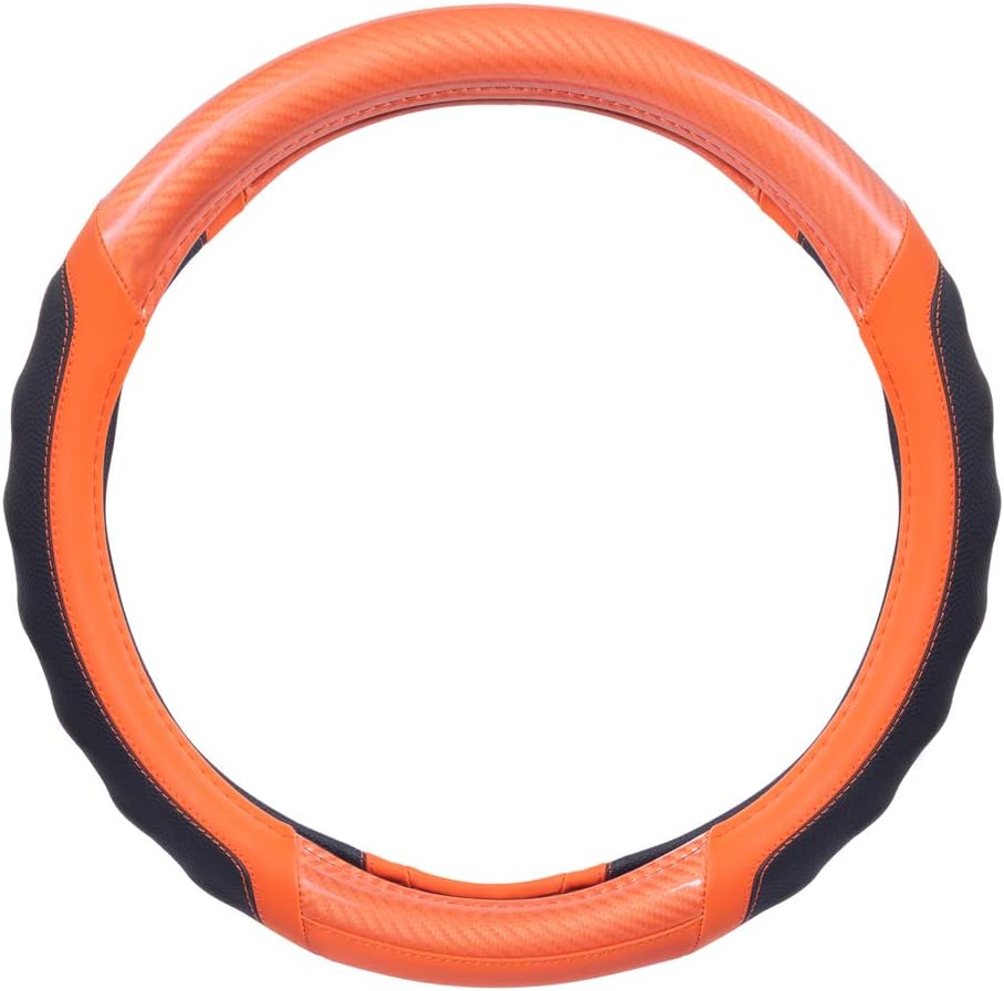 Motor Trend SW-812 Orange Ultra Sport Pebbled Leather Steering Wheel Cover with Carbon Fiber Detail-Universal Fit for Standard Sizes 14.5 to 15.5 inches Black