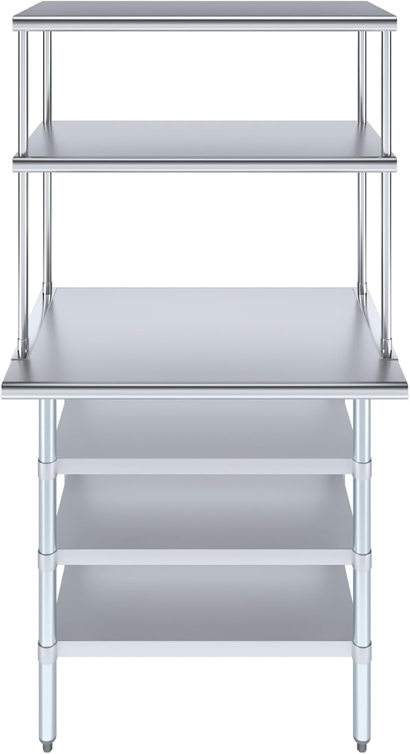 Amgood 24" x 36" Stainless Steel Work Table with 3 Shelves and 18" Wide Double Tier Overshelf | Metal Kitchen Prep Table & Shelving Combo | NSF