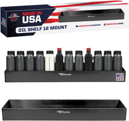 Pit Posse 443BK Oil Shelf 12 Quart Bottle Holder Storage Organizer Caddy 32" | Made in USA | Enclosed Race Trailer Garage Shop Automotive Motor Engine Oil Rack Caddie Shelves (Black)