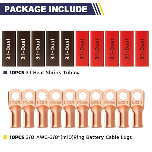 haisstronica 10pcs 3/0 AWG - 3/8"(M10) Battery Cable Lugs, Heavy Duty Copper Wire Lugs with 10pcs 3:1 Adhesive Heat Shrink Tubing, 000 Gauge Wire Lugs, Battery Terminal Connector, Battery Cable Ends