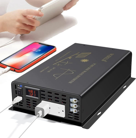 WZRELB 3000W Pure Sine Wave Power Inverter 48VDC to 120VAC 6000W Peak Dual AC Outlets 2× 2.4A USB Port &Hardwire Terminal Off-Grid Solar Converter RV Trucks (U5-300048)