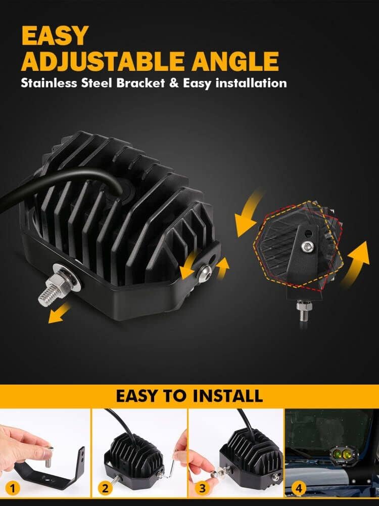 Auxbeam 4 Inch Amber Fog Light, 60W Square Pod With 5050 LED Yellow Spot Lens Beam Offroad Driving for Jeep Motorcycle SUV Trucks Boat (2 Pcs)