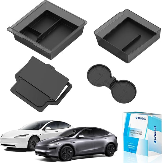 Farmogo 2026 Center Console Organizer Tray for Tesla Model Y Juniper & Model 3 Highland 2026/2025 [Slide Smoothly, Carbon Fiber] for Tesla New Model 3 & Model Y Juniper Accessories, Transparent Gray