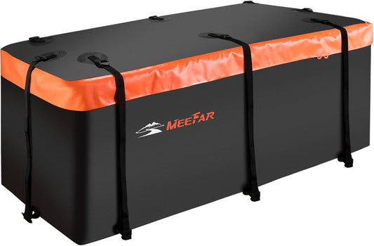 MeeFar Hitch Mount Cargo Carrier Bag Soft Shell 100% Waterproof 20 Cubic Feet (59" 24" 24") Include 8 Reinforced Straps for Truck Pickup All Vehicle with Steel Cargo Basket