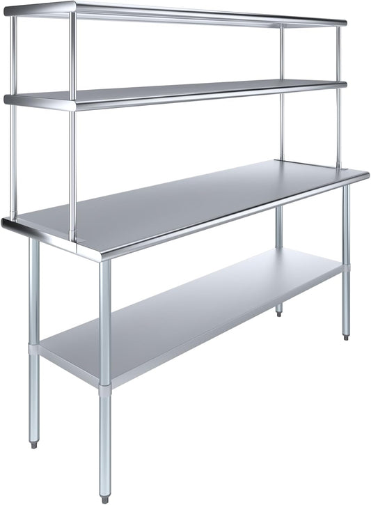 Amgood Stainless Steel Work Table Double Tier Overshelf | Metal Kitchen Prep Table & Shelving Combo (24" x 72" Work Table + 18" Overshelf)