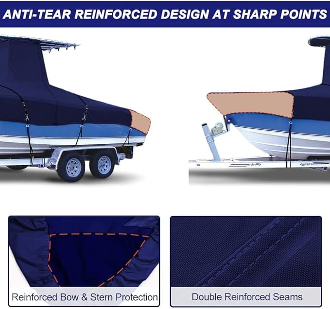 900D Marine Grade Fade and Tear Resistant Trailerable T-Top Boat Cover, Heavy-Duty Waterproof and UV-Proof T TOP Boat Storage Cover with Windproof Metal Buckle Straps Fit 24ft-26ft Long(Navy)