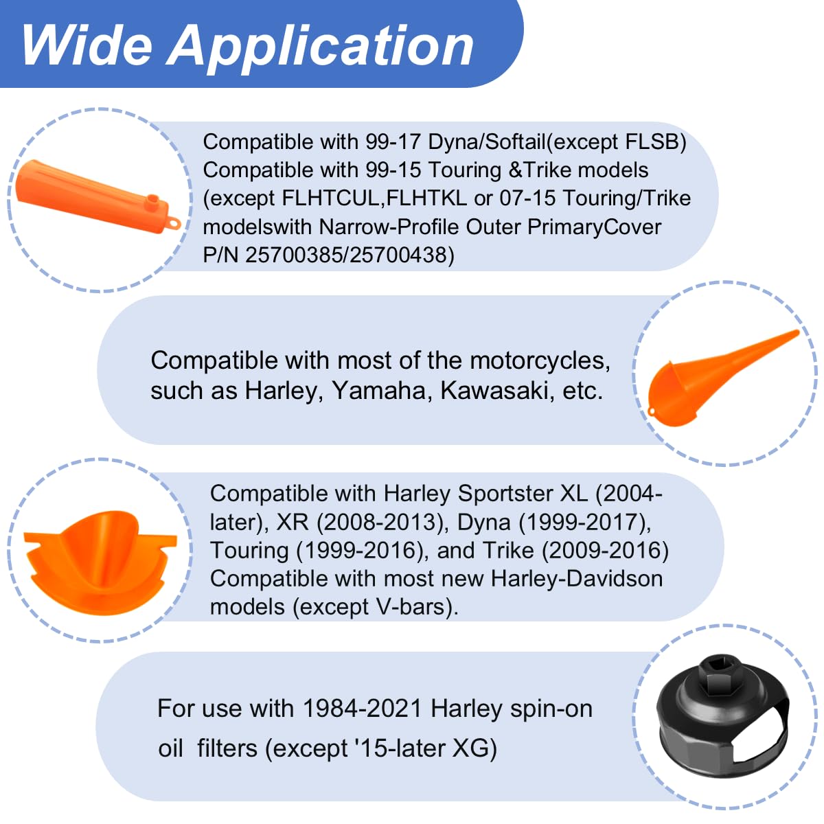 Oil Change Kit for Harley Tool, Oil Filter Wrench, Oil Funnels Set, Motorcycle Primary Case Oil Funnel, 50PCS 11105 Drain Plug O-Ring for Harley Davidson Accessories