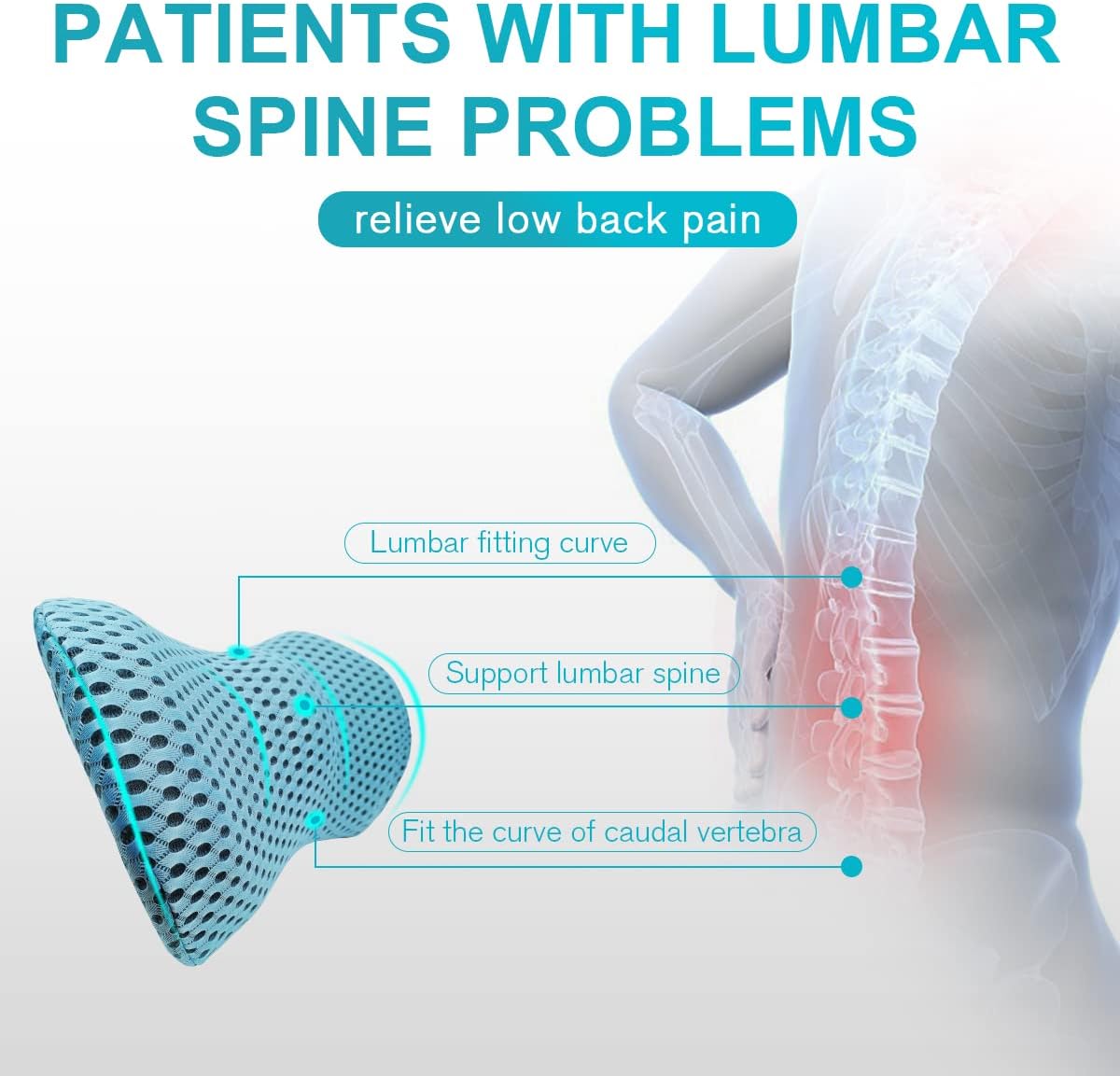 Lumbar Support Pillow for Office Chair, Memory Foam Lumbar Pillow for Lower Back Pain Relief (Blue)