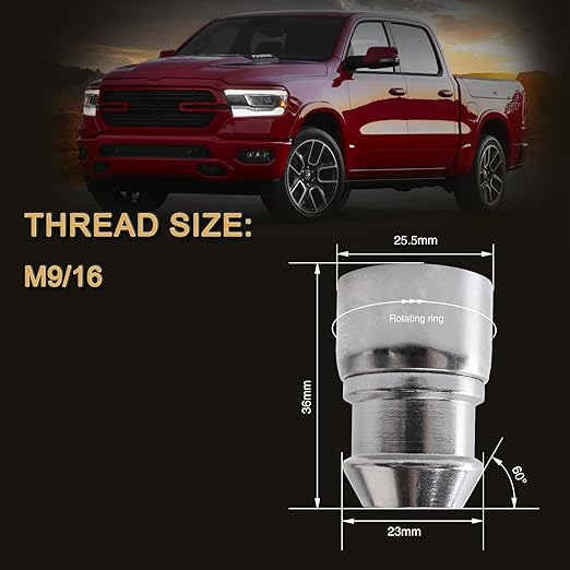 9/16 Wheel Locks, Fit for ram 1500, Ram 2500, Ram 3500, Chassis cab, Dakota, Durango?Aspen, Wheel Locks Set, 4 Locking Lug Nuts 2 Pcs Key with 32Pcs Spike Lug Nuts+1 Key, Chrome