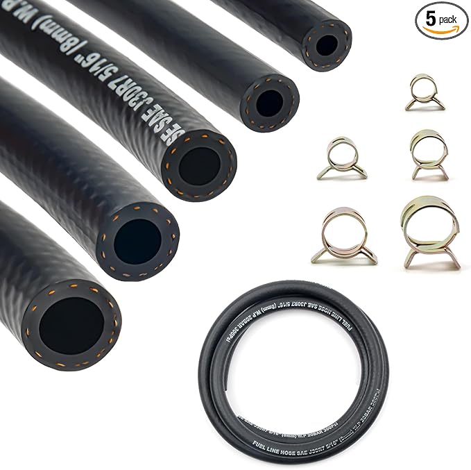 Fuel Line Hose Kit 5FT 5PCS With 25Pcs Clamps, 3/8" 5/16" 1/4" 1/2" 3/16" ID High Performance 300PSI, Push Lock Reinforced Rubber NBR Automotive Fuel Line For Small Engines