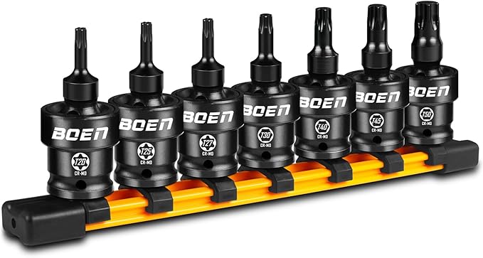boen 3/8" Drive Universal Torx Bit Socket Set, 7-Piece SAE Impact Swivel Star Bit Sockets, 360° Rotation Flexible Wobble Torx Bit Driver Socket Set, With Storage Rail, CR-MO Steel