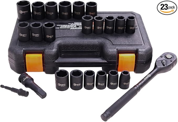 1/2" Drive Impact Socket Set, 23-Piece Metric (13–24mm), 6-Point Cr-V Alloy Steel, with Ratchet Handle & Storage Case – Rugged Construction for Auto Repair