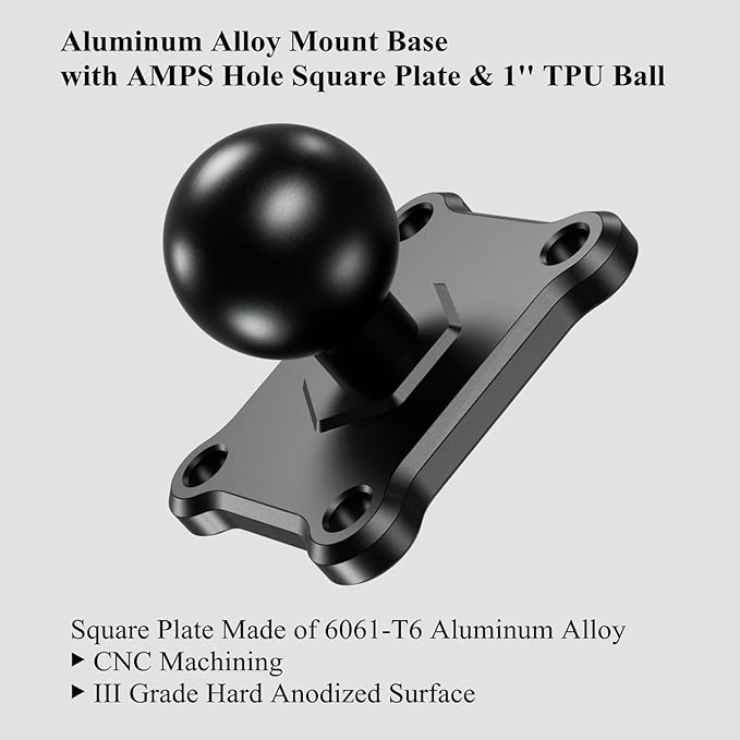 BRCOVAN 1'' Ball Mount Base with Aluminum Alloy 4-Hole AMPS Square Plate Compatible with RAM Mounts B Size 1 Inch Ball Double Socket Arm