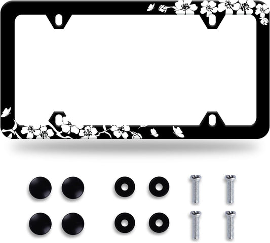Black White Cherry Blossoms License Plate Frame Floral Flowers License Plate Stainless Steel Parts Colorful License Plate Decorative with Screws Size 12.3" x 6.3" Men Women